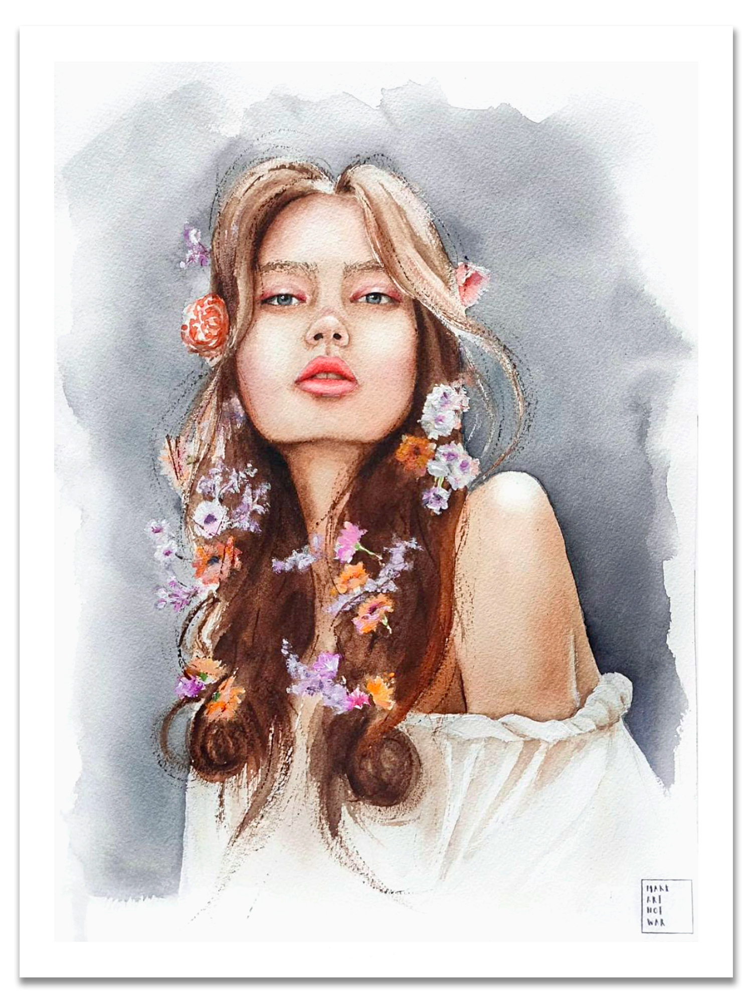 Affiche portrait de femme - Fleurs dans les cheveux - Format 30x40
